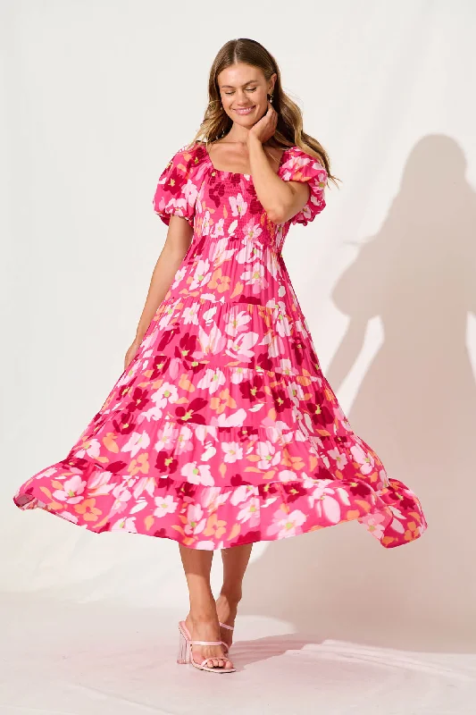Ruffled maxi dresses with a tiered skirt for added volumeLucy Maxi Dress In Multi Pink Floral Ruffled maxi dresses with a tiered skirt for added volumeLucy Maxi Dress In Multi Pink Floral