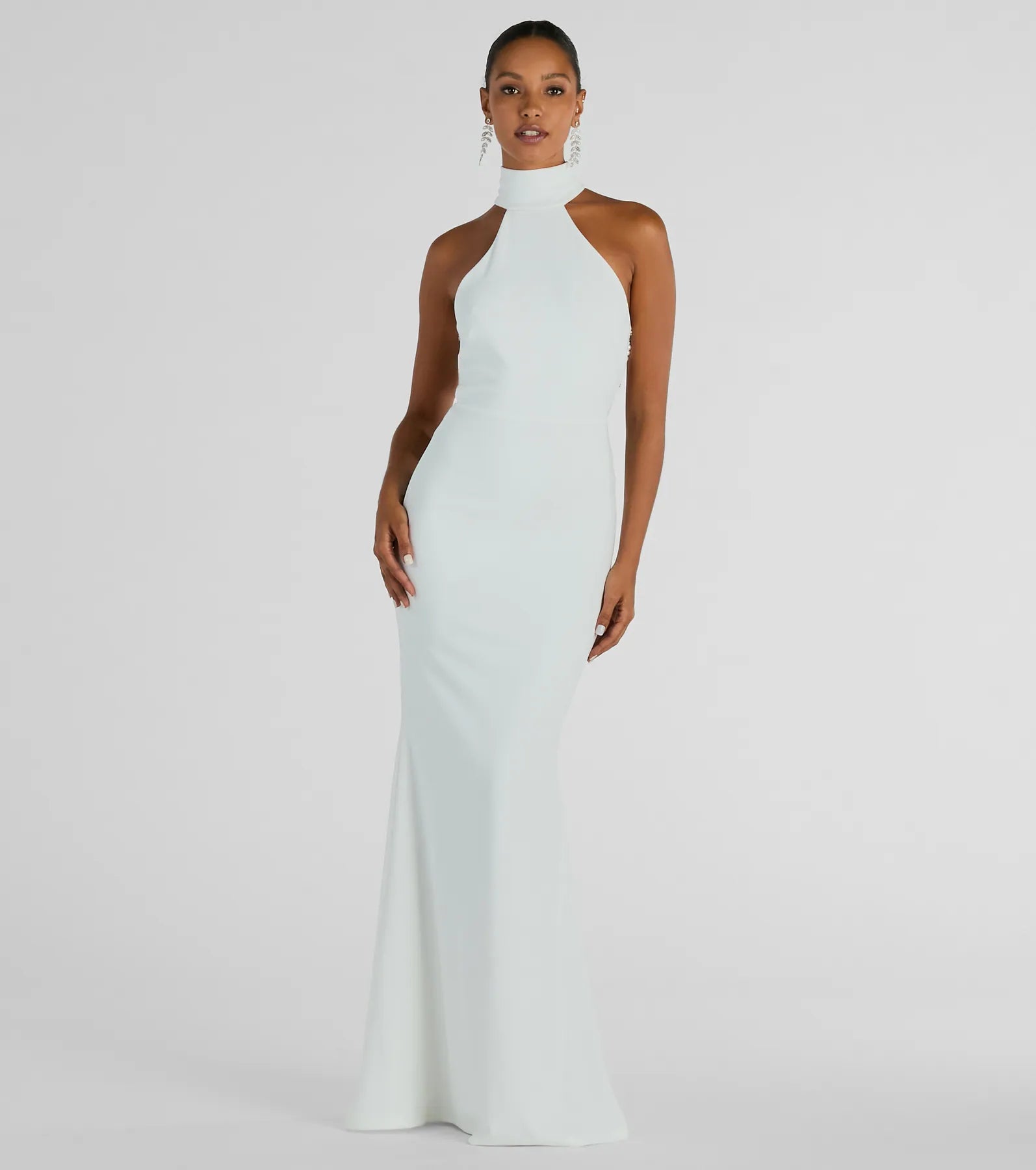 Maxi dresses with a criss - cross back for a flirty and unique detailMaia Halter Faux Pearl Strap Crepe Mermaid Dress Maxi dresses with a criss - cross back for a flirty and unique detailMaia Halter Faux Pearl Strap Crepe Mermaid Dress