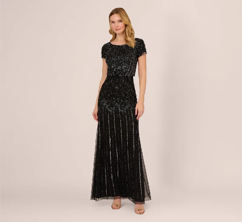 Maxi dresses with a keyhole back for a sexy detailShort Sleeve Blouson Beaded Gown In Black Gunmetal Maxi dresses with a keyhole back for a sexy detailShort Sleeve Blouson Beaded Gown In Black Gunmetal