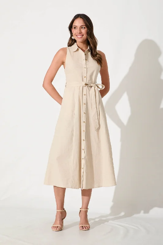 Linen maxi dresses for a breathable and lightweight summer optionThalia Maxi Shirt Dress In Oatmeal Cotton Blend Linen maxi dresses for a breathable and lightweight summer optionThalia Maxi Shirt Dress In Oatmeal Cotton Blend