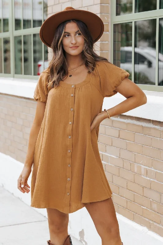 Mini dresses with V - necklines for a flattering shapeCamel Puff Sleeve Button Down Mini Dress - FINAL SALE Mini dresses with V - necklines for a flattering shapeCamel Puff Sleeve Button Down Mini Dress - FINAL SALE