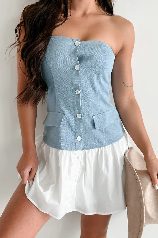Mini dresses with abstract prints for an artistic lookChasing My Passions Strapless Denim Mini Dress (Denim Blue) Mini dresses with abstract prints for an artistic lookChasing My Passions Strapless Denim Mini Dress (Denim Blue)