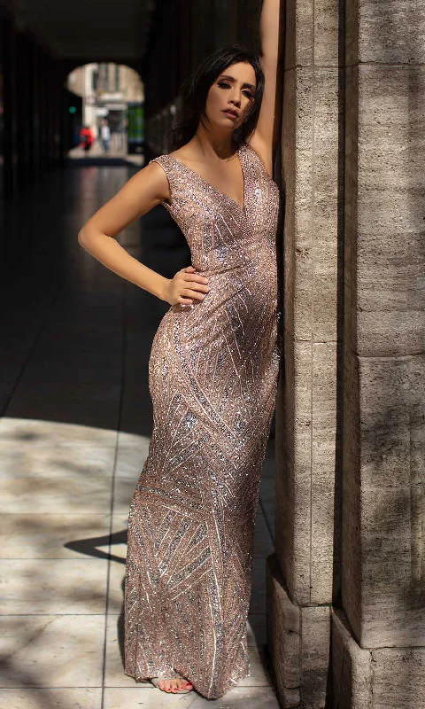 Formal dresses with one - shoulder ruffled straps and sequined bodices for a trendy and eye - catching lookChic and Holland - AN1430 Beaded Back Slit Sheath Dress Formal dresses with one - shoulder ruffled straps and sequined bodices for a trendy and eye - catching lookChic and Holland - AN1430 Beaded Back Slit Sheath Dress