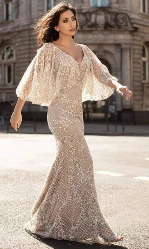 Formal dresses with abstract print panels and rhinestone embellishments for a unique formal eventChic and Holland - HF1611 Bell Sleeve Lattice Trumpet Gown Formal dresses with abstract print panels and rhinestone embellishments for a unique formal eventChic and Holland - HF1611 Bell Sleeve Lattice Trumpet Gown