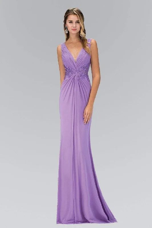 Prom dresses with side - slit skirts and beaded fringes for a glamorous appearanceElizabeth K - GL1377 Embellished Ruched V-Neck A-line Dress Prom dresses with side - slit skirts and beaded fringes for a glamorous appearanceElizabeth K - GL1377 Embellished Ruched V-Neck A-line Dress