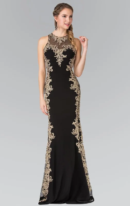 Formal dresses with wrap - around styles and beaded belts for a customized fitElizabeth K - GL2320 Laced Illusion High Neck Rome Jersey Dress Formal dresses with wrap - around styles and beaded belts for a customized fitElizabeth K - GL2320 Laced Illusion High Neck Rome Jersey Dress