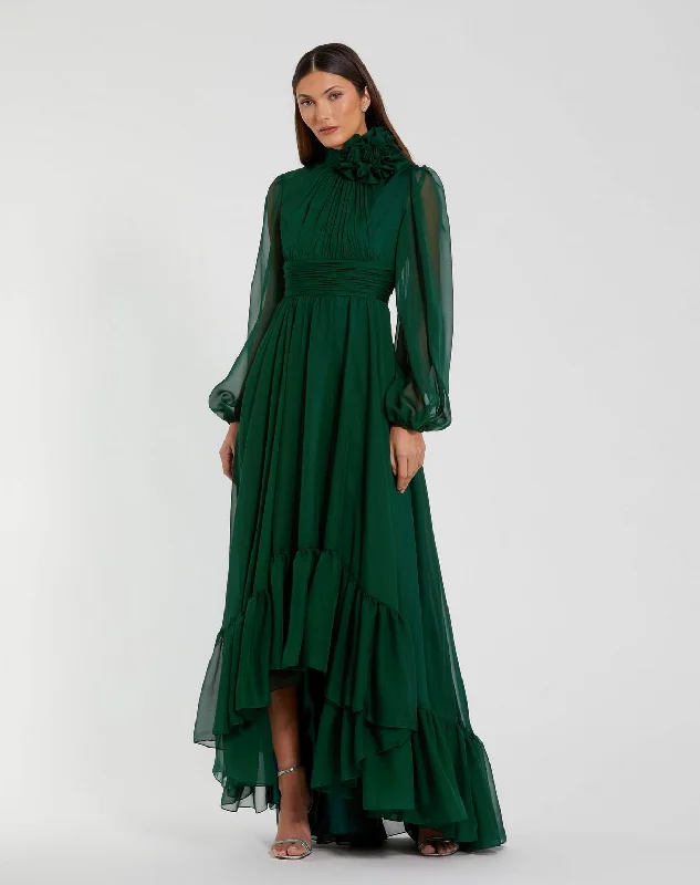 Polyester maxi dresses for easy - care and durability Polyester maxi dresses for easy - care and durability Mac Duggal 56074 Long Sleeve High Low 3D Flower Formal Dress