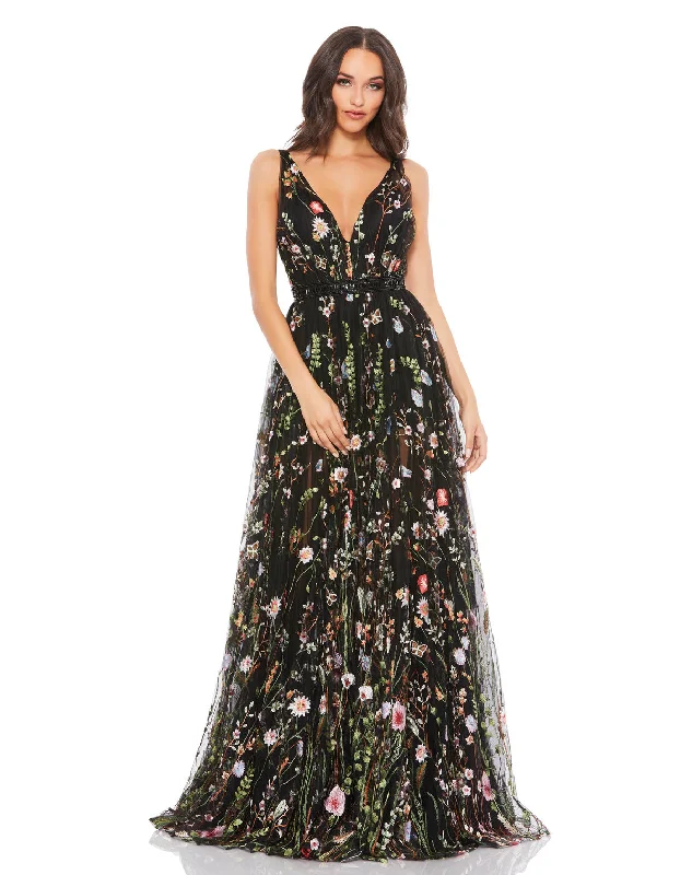 Maxi dresses with an asymmetric hem for a fashion - forward and eye - catching design Maxi dresses with an asymmetric hem for a fashion - forward and eye - catching design Black Multi Mac Duggal MD12282 Long Sleeveless Formal Dress