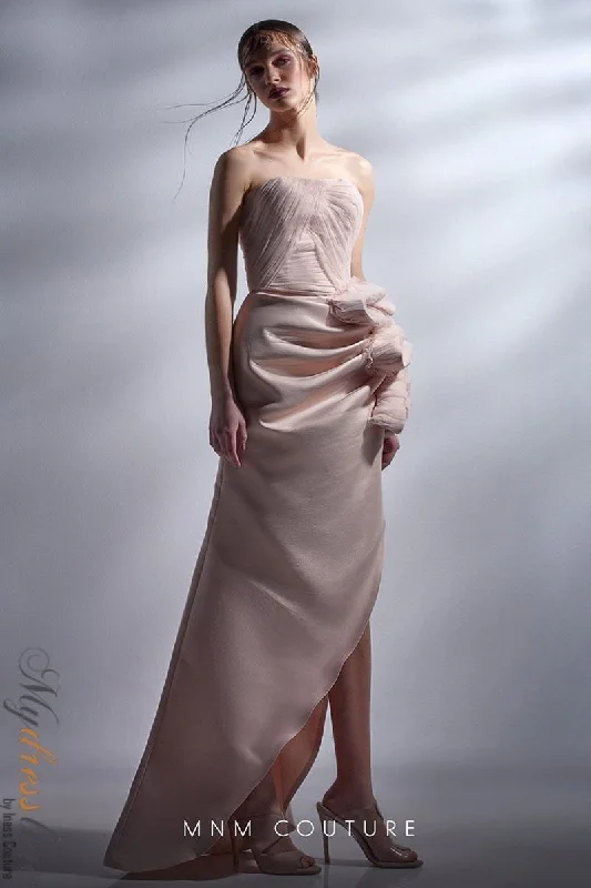 Formal dresses with asymmetric ruffled hems and high - low designs for a fashion - forward and dynamic appearanceMNM Couture G1268 Formal dresses with asymmetric ruffled hems and high - low designs for a fashion - forward and dynamic appearanceMNM Couture G1268