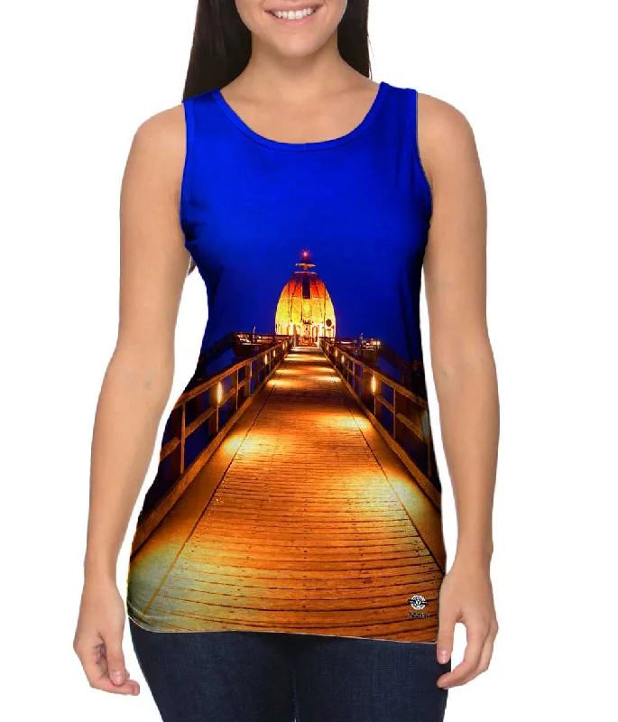 Plus Size Women's Glitter - Trimmed Tank Tops for Party NightsSeebrucke Golden Blue Glow Pier Plus Size Women's Glitter - Trimmed Tank Tops for Party NightsSeebrucke Golden Blue Glow Pier