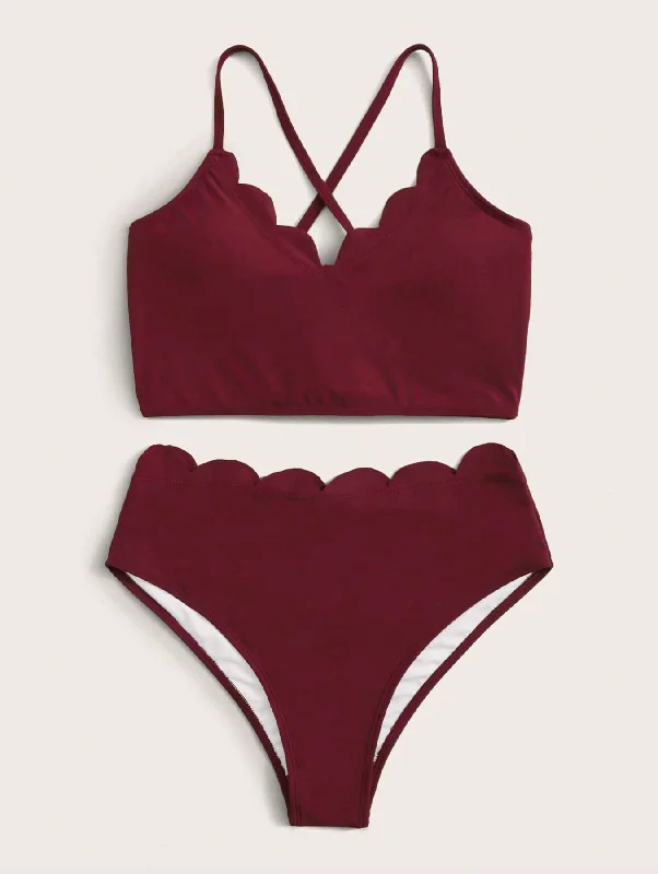 Sustainable bikini made from recycled materials for eco - conscious beachgoersBurgundy Scallop Trim Criss Cross Bikini Sustainable bikini made from recycled materials for eco - conscious beachgoersBurgundy Scallop Trim Criss Cross Bikini