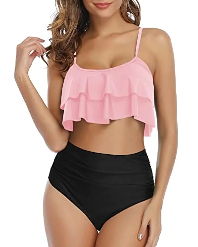 Tropical - themed bikini for a vacation - ready beach outfitFlattering High Waisted Ruffle Ruched Women's Bikini Set-Pink And Black Tropical - themed bikini for a vacation - ready beach outfitFlattering High Waisted Ruffle Ruched Women's Bikini Set-Pink And Black
