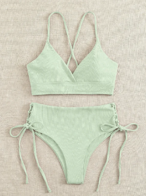 Ruched bikini with fabric gathers for a slimming effectBasic Ribbed Lace Up Bikini Set Ruched bikini with fabric gathers for a slimming effectBasic Ribbed Lace Up Bikini Set