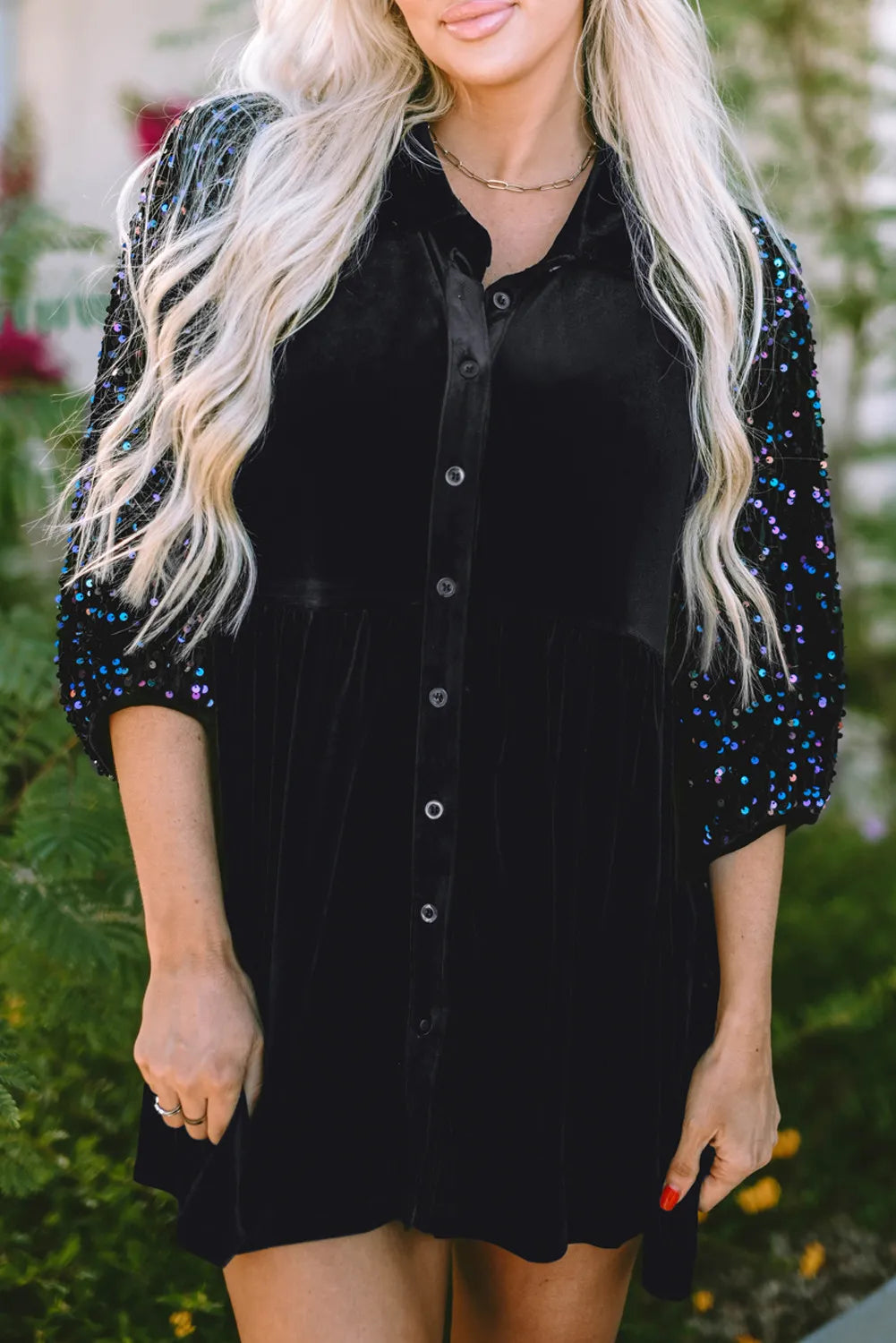 High - Neck Bodysuits for a Modest and Sophisticated LookSequin Collared Neck Three-Quarter Sleeve Oversize Shirt High - Neck Bodysuits for a Modest and Sophisticated LookSequin Collared Neck Three-Quarter Sleeve Oversize Shirt