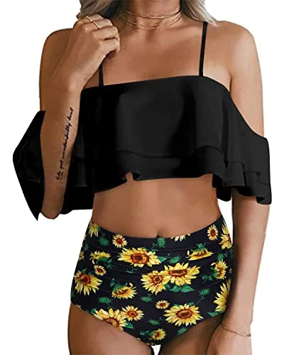 Convertible bikini that can be worn in multiple styles for versatilityElegant Off Shoulder Bikini Set For Women Tummy Control Bottoms-Black Sunflower Convertible bikini that can be worn in multiple styles for versatilityElegant Off Shoulder Bikini Set For Women Tummy Control Bottoms-Black Sunflower