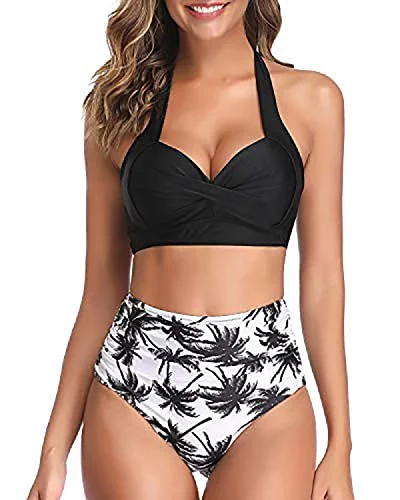 High - waisted bikini for a retro and tummy - flattering lookFlattering Pleated Front Panel Vintage High Waisted Bikini-Black Palm Tree High - waisted bikini for a retro and tummy - flattering lookFlattering Pleated Front Panel Vintage High Waisted Bikini-Black Palm Tree
