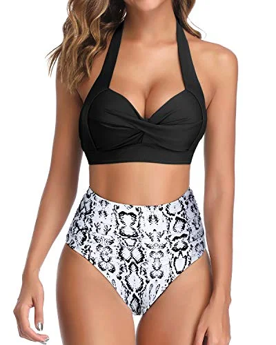 High - waisted bikini for a retro and tummy - flattering lookVintage Swimsuit Halter Ruched Highwaist Bikini Bathing Suit-Black Snake High - waisted bikini for a retro and tummy - flattering lookVintage Swimsuit Halter Ruched Highwaist Bikini Bathing Suit-Black Snake