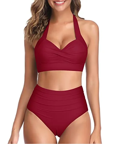 High - waisted bikini for a retro and tummy - flattering lookTwo Piece Push Up Bra Adjustable Straps High Cut Bikini-Red High - waisted bikini for a retro and tummy - flattering lookTwo Piece Push Up Bra Adjustable Straps High Cut Bikini-Red