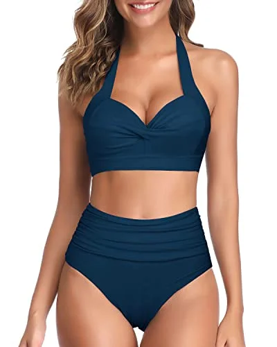 Push - up bikini top to enhance the bust for a confident beach appearanceTwo Piece Self-Tie Halter Neck Pleated Front Panel Push Up Bikini-Teal Push - up bikini top to enhance the bust for a confident beach appearanceTwo Piece Self-Tie Halter Neck Pleated Front Panel Push Up Bikini-Teal