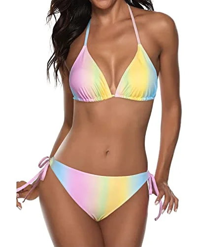 Long - line bikini top for added support and a fashionable lookTwo Piece Halter Padded Top Tie Side Bottom Bikini Bathing Suit 2 Piece Bikini Sets-Color Stripes Long - line bikini top for added support and a fashionable lookTwo Piece Halter Padded Top Tie Side Bottom Bikini Bathing Suit 2 Piece Bikini Sets-Color Stripes