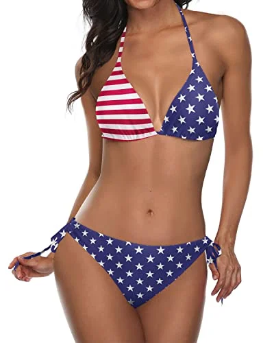 Sustainable bikini made from recycled materials for eco - conscious beachgoersHalter Padded Top Tie Side Cheeky Triangle Bikini Bathing Suit-Flag Sustainable bikini made from recycled materials for eco - conscious beachgoersHalter Padded Top Tie Side Cheeky Triangle Bikini Bathing Suit-Flag