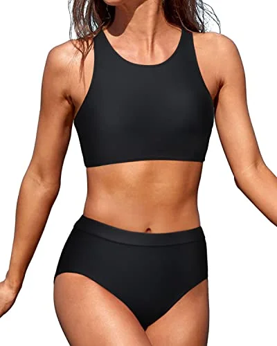 Long - line bikini top for added support and a fashionable lookHigh Neck Crop Top Bikini Set 2 Piece Bathing Suits For Teen Girls-Black Long - line bikini top for added support and a fashionable lookHigh Neck Crop Top Bikini Set 2 Piece Bathing Suits For Teen Girls-Black